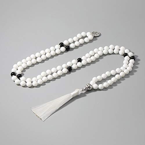 Minekkyes 108 Japa Mala Negro Onyx Porcelana Piedra Blanca con Cuentas Anudadas Collar Meditación Yoga Joyas con Om Encanto Tassel Colgante