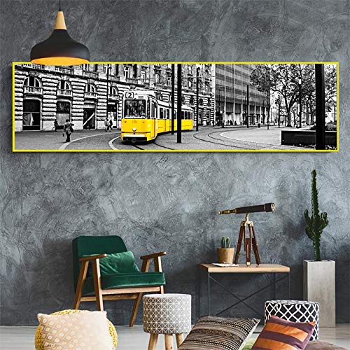 MJKLU F1 carRetro European City Street View Amarillo teleférico Cartel impresión Lienzo Pintura Pared Arte Imagen Dormitorio cabecera decoración del hogar 50x175cm