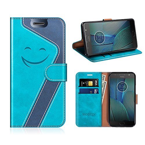 MOBESV Smiley Funda Cartera Moto G5S Plus Magnético, Funda Cuero Movil Moto G5S Plus Carcasa Case con Billetera/Soporte para Motorola Moto G5S Plus, Aqua/Azul Oscuro