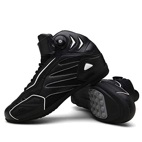 MRDEAR Botas de Moto Verano, Zapato Moto Motocross Sneakers Hombre con Ajuste del engranaje, Microfibra Zapatillas Motorista Transpirables Calzado Deportivo (Negro blanco,41 EU)