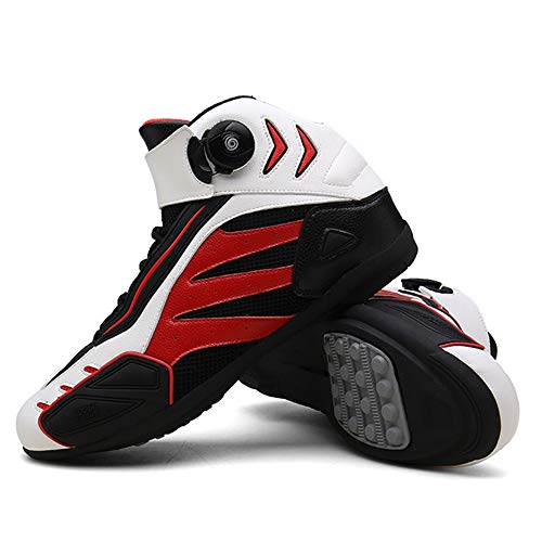 MRDEAR Botas de Moto Verano, Zapato Moto Motocross Sneakers Hombre con Ajuste del engranaje, Microfibra Zapatillas Motorista Transpirables Calzado Deportivo (Rojo blanco,41 EU)