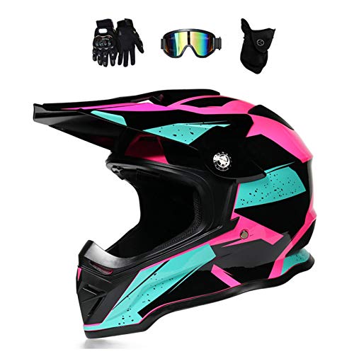 MRDEAR Casco de Cross Mujeres Rosa Negro Casco Motocross Adulto con Gafas/Mascarilla/Guantes, Casco MTB Integral Descenso Enduro Moto Off-Road Racing Motocicleta Quad Scooter con Forro Extraíble,M