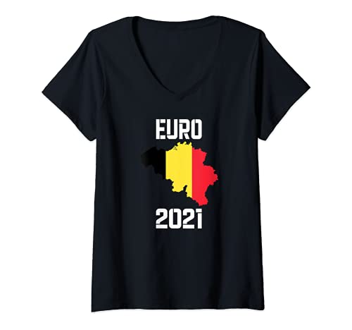 Mujer Camiseta Euro 2021 Bandera de fútbol de Bélgica Camiseta Cuello V
