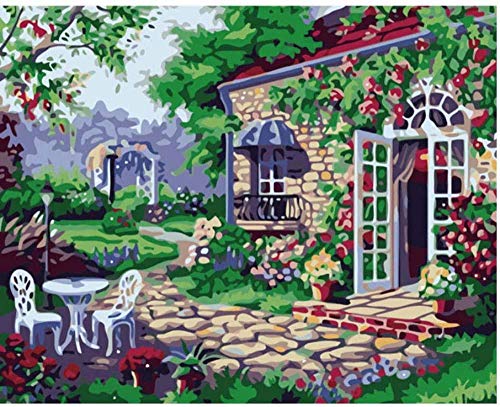 N-S Pintura de Bricolaje por números Villa jardín - Pintura por números Adultos Principiante Lienzo Pintura acrílica Regalos 40X50cm Sin Marco