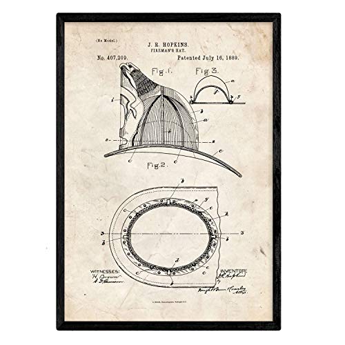 Nacnic Poster con patente de Casco de bombero. Lámina con diseño de patente antigua en tamaño A3 y con fondo vintage