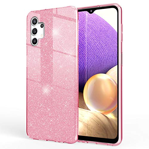 NALIA Purpurina Carcasa Compatible con Samsung Galaxy A32 5G Funda, Glitter Brillante Cubierta Protectora Telefono Movil Cover Case, Smartphone Bling Bumper Resistente Diamante, Color:Pink Rosa