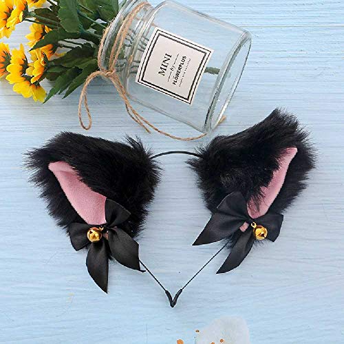 N\C Diadema Simple, Horquilla, Accesorios para El Tocado, Orejas De Gato De Felpa, Orejas De Zorro, Diadema De Campana Negro Lazo Rosa Peludo-Campana de Oro