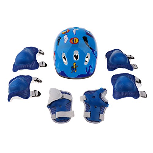 Niños Casco Rodilla Codo Muñeca Juego de Almohadillas de Protección Para Patinaje en Línea Moto - Azul