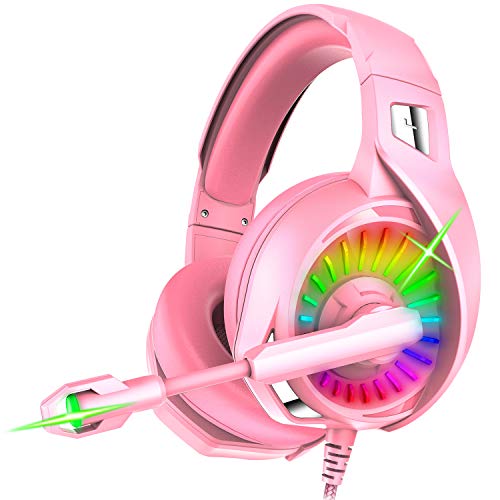 Nivava Auriculares de juego para PS4, Xbox One, PC con micrófono de luz LED micrófono para Nintendo Switch PS5 Playstation computadora, K7 (rosa)