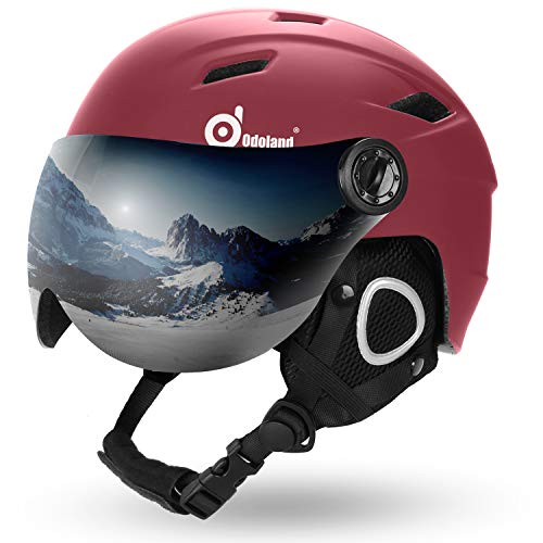 Odoland Casco de Esquí Integral con Gafas de Esquí, Casco Deportivo Unisex para Adultos y Jóvenes, Casco de Esquí con Visera Protección UV 400 y a Prueba de Viento, Carmesí, L:57-59cm