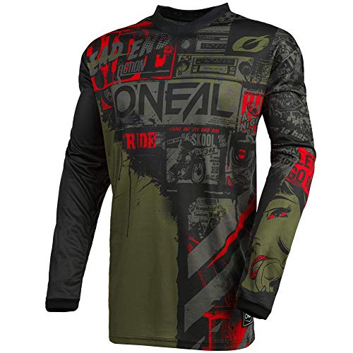 O'Neal | Camiseta de Motocross Manga Larga | MX Enduro | Protección Acolchada para los Codos, Cuello en V, Transpirable | Camiseta Element Ride para Hombres | Adultos | Negro Verde | Talla L