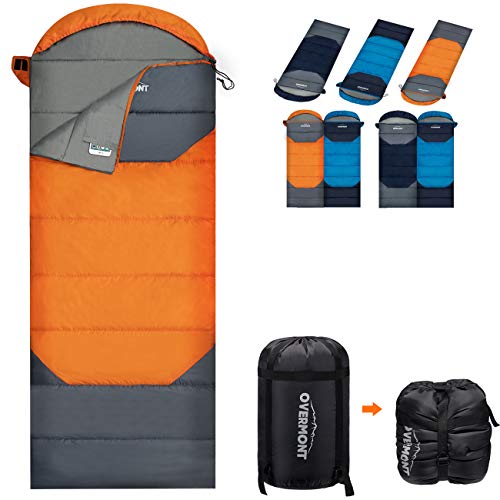 Overmont Saco de Dormir Splicable 4 Estaciones con Bolsa de Compresión Verano Primavera Otoño Invierno Ligero Impermeable Portátil para Viajes, Camping, Senderismo, Adultos Niños Naranja