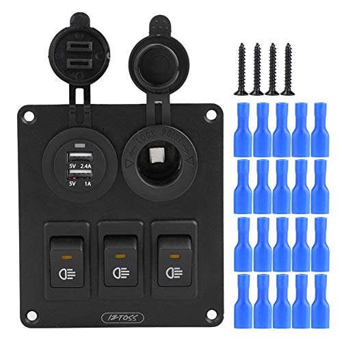 Panel del interruptor de eje de balancín de 3-gang de combinación LED de automóvil, Impermeable, con cargador USB doble encendedor de cigarrillos Socket 12V / 24V(LED amarillo)