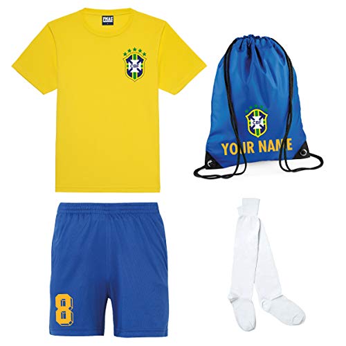 Print Me A Shirt Kit del Equipo de Brasil Brazil Personalizable para Ninos con Camiseta de Futbol, Pantalones Corto, Calcetines y Bolsa.