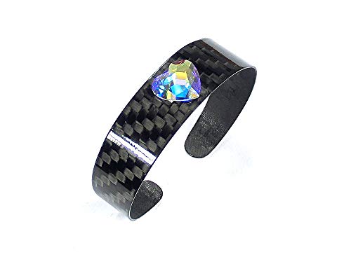 Pulsera de mujer de fibra de carbono ultra brillante modelo –"Iconic Crystal Heart" – Ancho 1,5 cm – Muñeca 14-16,5 cm