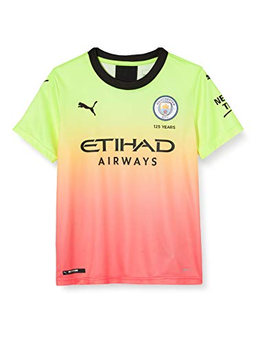 PUMA MCFC 3rd Shirt Replica SS Jr with Sponsor Logo Maillot, Unisex niños, Fizzy Yellow-Georgia Peach, 128