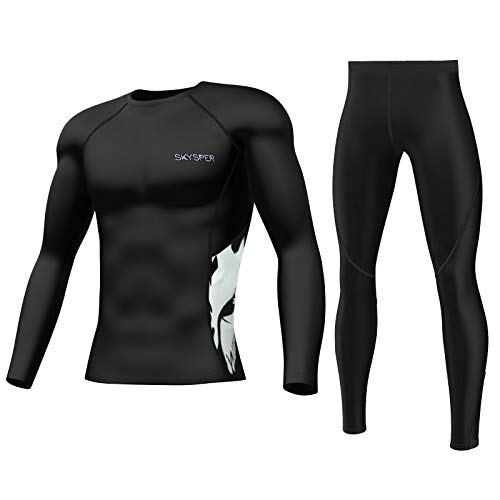 SKYSPER Ropa Interior Térmica Hombre Conjuntos Térmicos Camiseta Térmica Manga Larga Pantalones Largos de Compresión Hombre Deportes Termo Invierno Otoño para Running Esquí Montaña Ciclismo Fitness