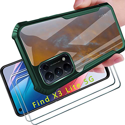 Tasch HYMY Funda para OPPO Find X3 Lite 5G Cubierta Carcasa + 2Pcs HD Protector Pantalla para Find X3 Lite 5G Tapa [antigolpes Fundas ] Antigolpes Carcasa Resistente al Impacto Militar Capa-Green