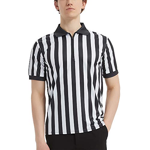 TOPTIE Artículos Deportivos Camiseta de Árbitro para Hombre, Camiseta con Cremallera 1/4, Rayas Clásicas en Blanco y Negro-2XL