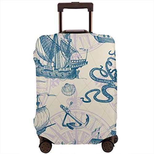 Travel Suitcase Protector,Old Caravel Vintage Sailboat Sea Monster Hand Drawn Sketch Vector Seamless Pattern For Boy Detail of The Old Geographical Maps of Sea,Suitcase Cover Washable Luggage Cover L