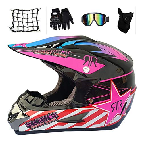 VOMI Motocross Casco Motocicleta Mujer con Mascarilla Gafas Guantes Red Elástica, Negro y Rosa/Rockstar, Adulto Cascos de Cross MX Enduro ATV Set de Protección Moto, 5 Pcs,M