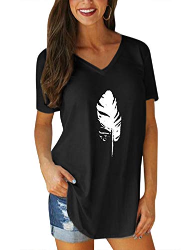 VONDA Cuello Pico Graphic tee Camiseta para Mujer Casual Loose Fit Túnica Tops para Verano D-Negra M