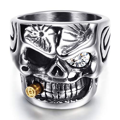 VQYSKO Anillo Hombre Cráneo Calavera Colilla Ojos de Circón Acero Inoxidable Vintage Talla Grande (Cráneo, 17)