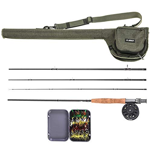 Walory Caña de Pesca con Mosca + Combo de Carrete de Pesca + Caja de Transporte 20 Moscas + Bolsa de Caña de Pescar - Paquete Completo de Inicio Kit de Pesca con Mosca