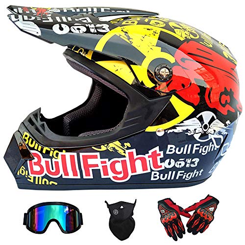 Wansheng Dual Sport Off Road Moto Motocross Casco Dirt Bike ATV Casco Dot Certificación Bull Fight con Gafas Máscara a Prueba de Viento Guantes de Carreras,M57~58CM