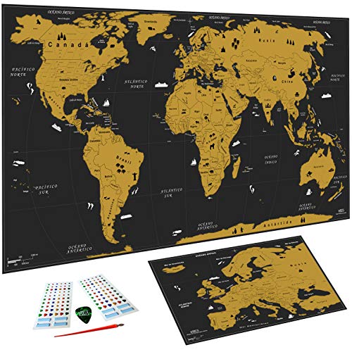 WIDETA Mapa del mundo a rascar en español/Póster gran formato (82 x 43 cm)/ Incluidos Mapa de Europa, adhesivos y herramienta de raspado