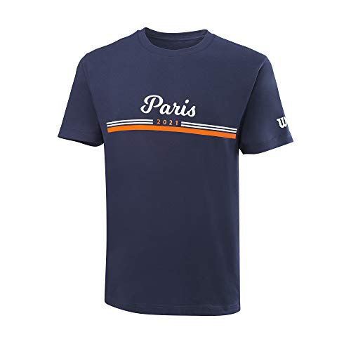 Wilson Hombre Camiseta de Manga Corta, Paris 2021 Tech T-Shirt, Poliéster/Algodón, Azul (Maritime)/Blanco/Naranja, Talla XL, WRA800302XL