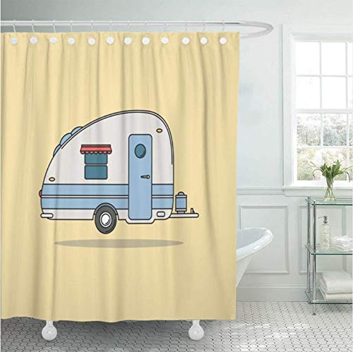 WIXIJAWR Cortina De Ducha con Ganchos Camper Rojo Carro De La Caravana Que Acampa De La Vendimia para El Resto Viejo Retro Remolque Aloha Antique Auto Baño,150X180Cm