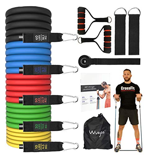 Wueps ® Bandas elásticas musculación, gomas elásticas fitness, para entrenar al aire libre GYM o en casa - 5 cintas elásticas musculación/Manijas/Ancla de Puerta/Correas de Tobillo/Bolsa de Transporte