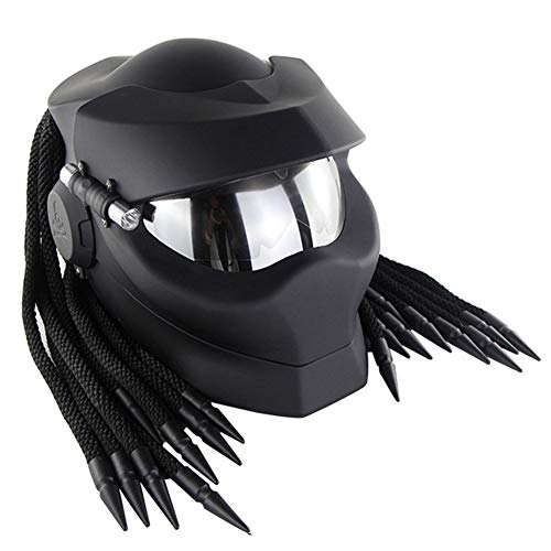 Wwtoukui Casco de Moto Depredador Súper Genial,Casco de Cara Completa con Solapa Frontal Decorativa de Guerrero Alienígena Adulto,Certificación Estándar Dot ECE, Guantes De Regalo,Brightblack,XL