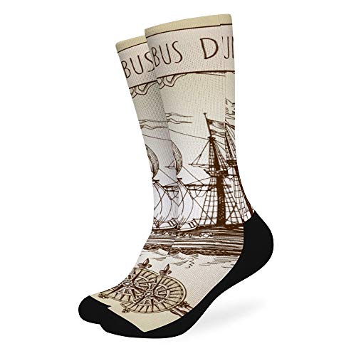 Ye Hua Columbus Ship, Old Caravel, Sailboat, Octopus, Anchor, Wind Rose Men & Women Crew Dress Socks Breathable Athletic Socks Winter Warm Socks 15 inch