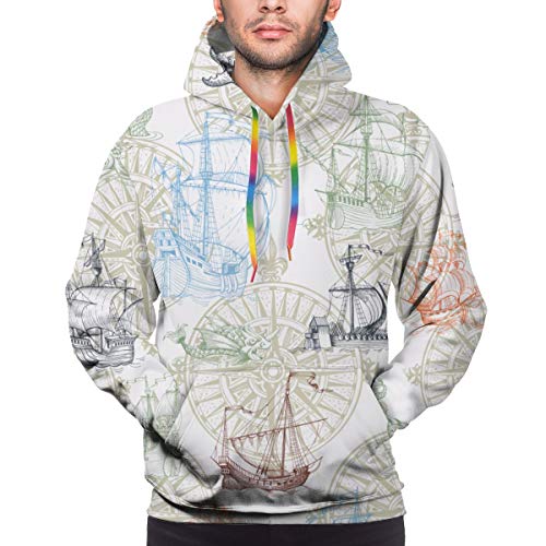 Ye Hua Old Caravel, Vintage Sailboat, Sea Monster Men Sudadera con Capucha y Estampado 3D con Bolsillo Frontal XL