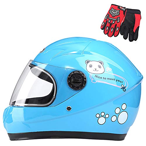 ZJRA Jóvenes Niños Casco Motocicleta Y Guantes & Decoración Y Collar Conjunto De Accesorios, Junior Monopatín Bici De La Suciedad De La Cara Llena del Casco, Boys & Girls,Azul