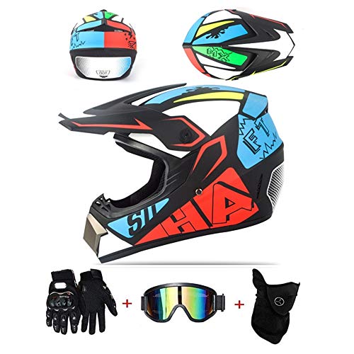 ZLCC Casco de Motocross Profesional, Cascos de Cross de Moto Set con Gafas/Máscara/Guantes, Niño Motos Deportivas Off-Road Enduro Casco ATV MTB BMX Quad Cascos de Motocicleta (C-09,L: 59-60 cm)