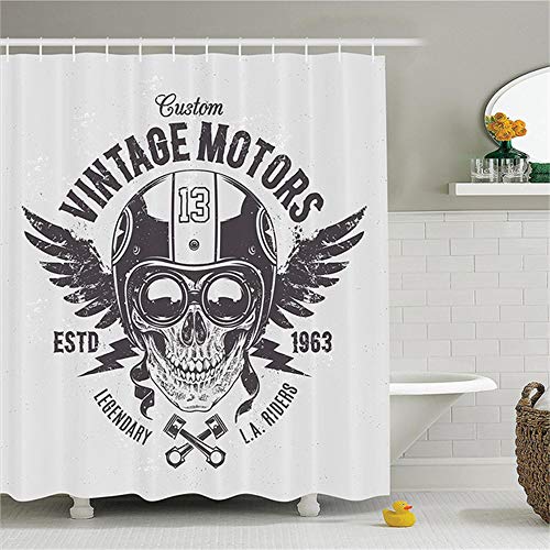 ZLWSSA Cortina de Ducha Impermeable 3D Jinete Cráneo con atributos de Corredor Retro Legendario L Riders Club Casco Moto Roca Poliéster Baño 180x240cm