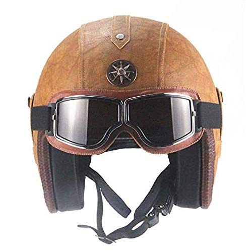 ZYW Piel Harley Casco de la Motocicleta de los Adultos Retro Brown 4/3 anónima Medio Casco Point Certified Casco de la Motocicleta del Crucero de Coche eléctrico de Gafas y Visera,Beige,L