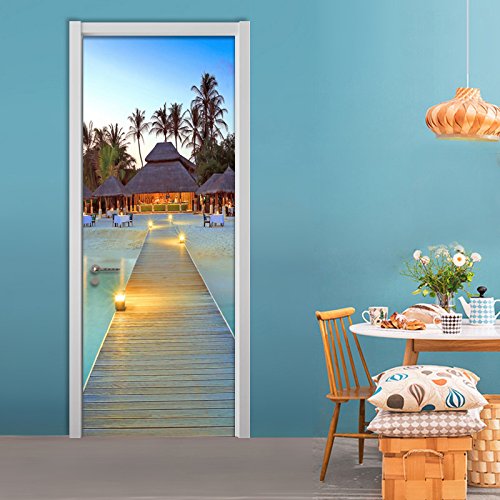 3D Coast Chalet Puente de Madera 95X215CM Adhesivo Fotográfico Pegatina Mural de Papel Tapiz de Puerta Vinilos Decorativos para Puerta Pared Cocina Sala de Baño