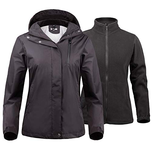 Abollria Mujer 2 en 1 Chaqueta para Lluvia Anti-Nieve con Capucha Desmontable + Chaqueta Interior Polar Cortavientos Abrigo Impermeable Invierno