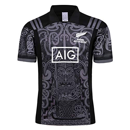 AFDLT Hombre Rugby Jersey 2019 Team New Zealand Maori World Cup Child Casual Verano Cuello Redondo CháNdales Copa Mundial Ropa de Futbol,Black,XL