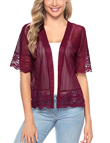 Aibrou Cárdigan de Encaje de Manga Corta para Mujer,Chaquetas Ganchillo Suelto,Chaqueta Kimono Playa,Vacaciones Playa Chal Camisolas y Pareos para Verano, (Rojo Vino, M)