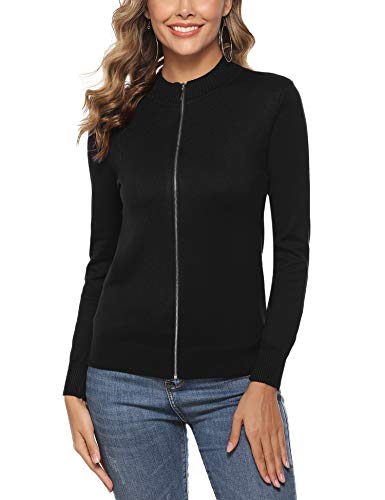 Aibrou Cárdigan de Punto para Mujer,Rebeca Chaqueta de Punto Mujer con Cremallera,Cuello Alto,Abrigo Suéter (Negro, S)