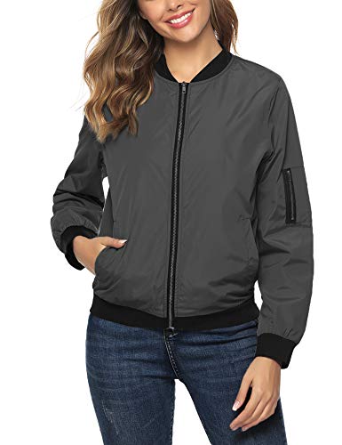 Aibrou Chaqueta Bomber Mujer Invierno,Cazadora Oversize,Suelto y cómodo Estilo Neutro,Casual Uniforme Beisbol con Cremallera,Cazadora Bomber Chaqueta Ligera (Gris Oscuro, M)