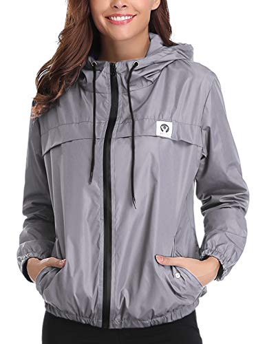 Aibrou Chubasquero Impermeable Deportivo para Mujer,Abrigo Impermeables con Capucha,Chuvasqueros de Lluvia Chaqueta Cortavientos Running  para Primavera, (Gris, L)