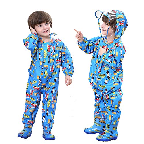 Baogaier Impermeables para Bebé Niños Chubasqueros Chaquetas Capa de Lluvia Encapuchado Mono de Bolsillo Autobús Reflectante Abrigos Impermeables 1-3 años - Azul