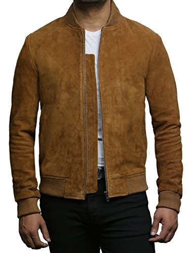 BRANDSLOCK para Hombre Chaqueta del Equipo Universitario del Bombardero del Cuero del Ante de la Cabra del Moreno del Vintage (S, Broncearse)