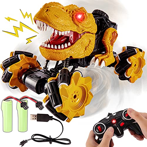 Buyger Coche Teledirigido Juguete de Dinosaurio, 4WD Rotación de 360° RC Coches Todoterreno Radiocontrol Recargable, Luz y Sonidos, Regalos para Niños